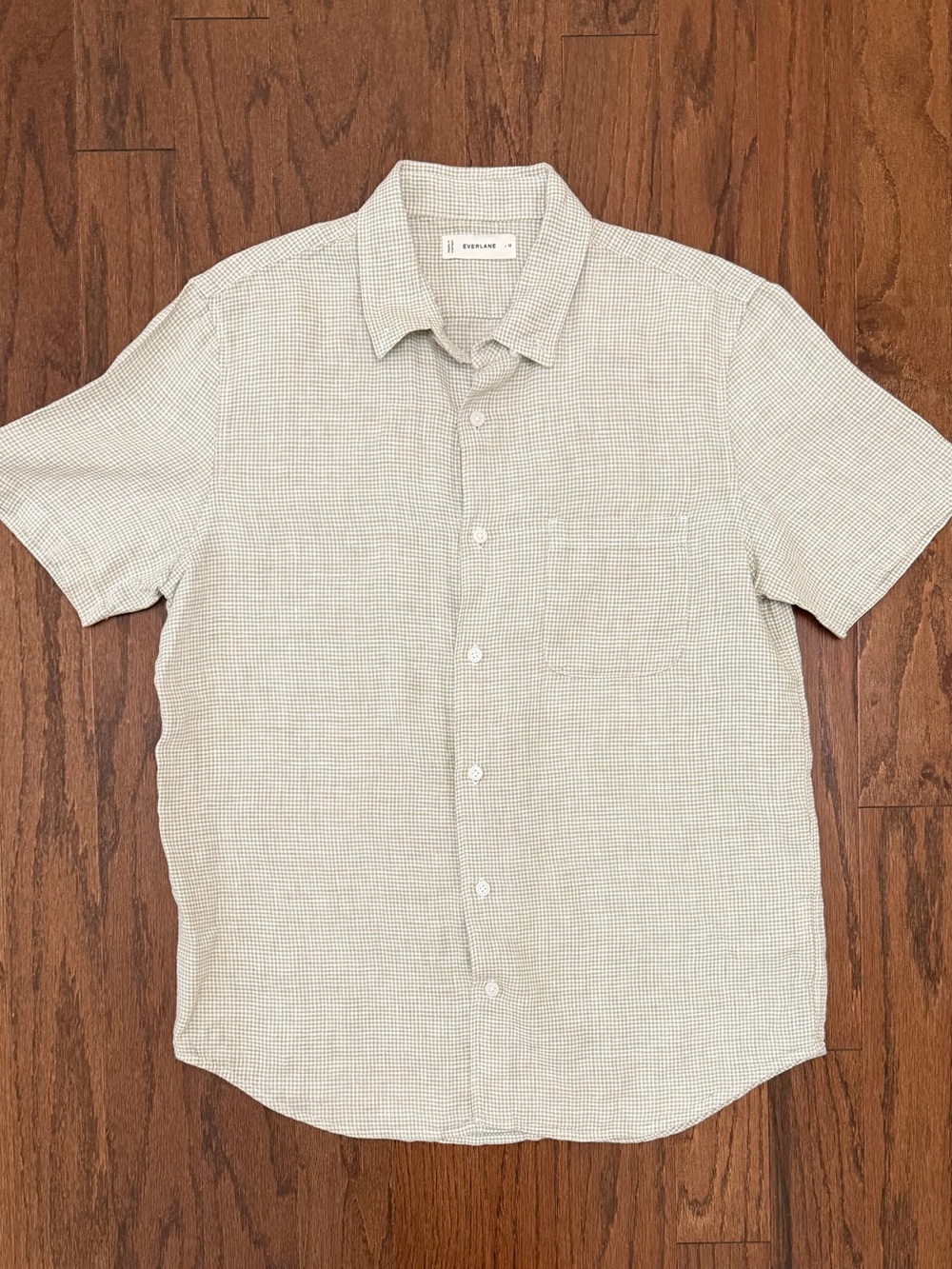 Everlane The Classic Short-Sleeve Shirt in Flax Linen Green/White Gingham Medium